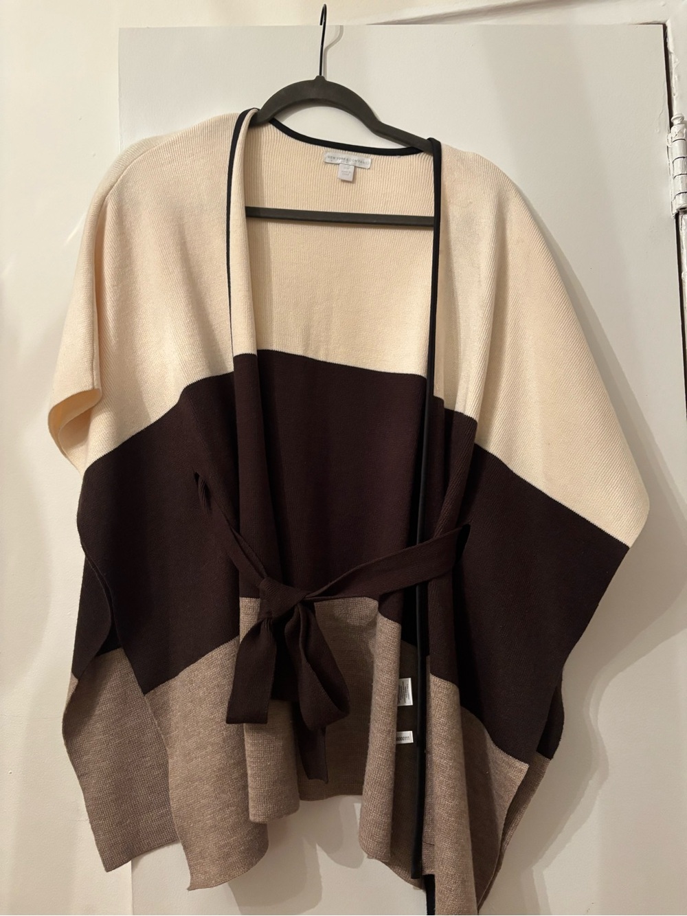 New York & Company Colorblock Tie-Waist Poncho - Cream, Dark Brown, Taupe